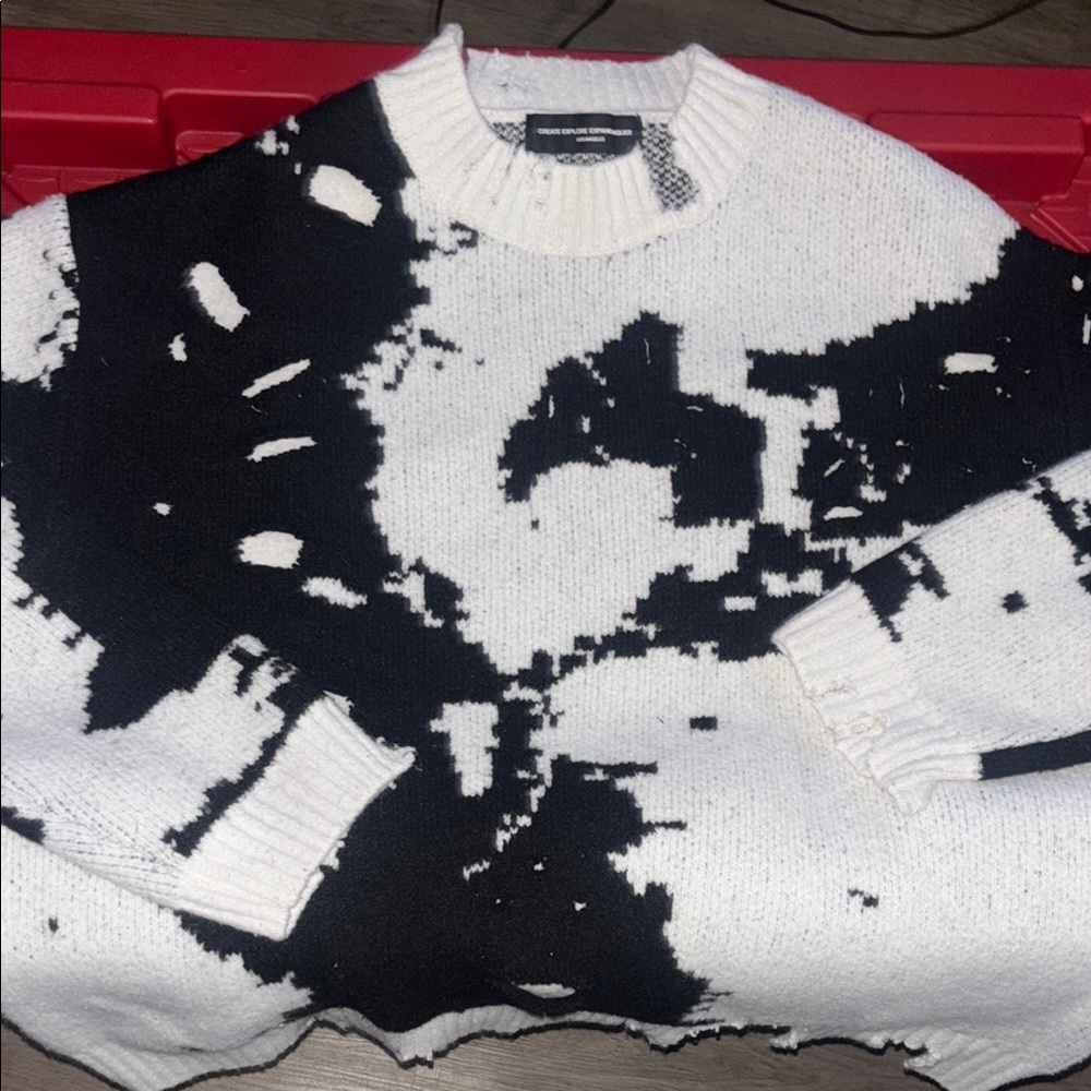 Create Explore Expand Conquer Los Angeles Black and White Ripped Sweater